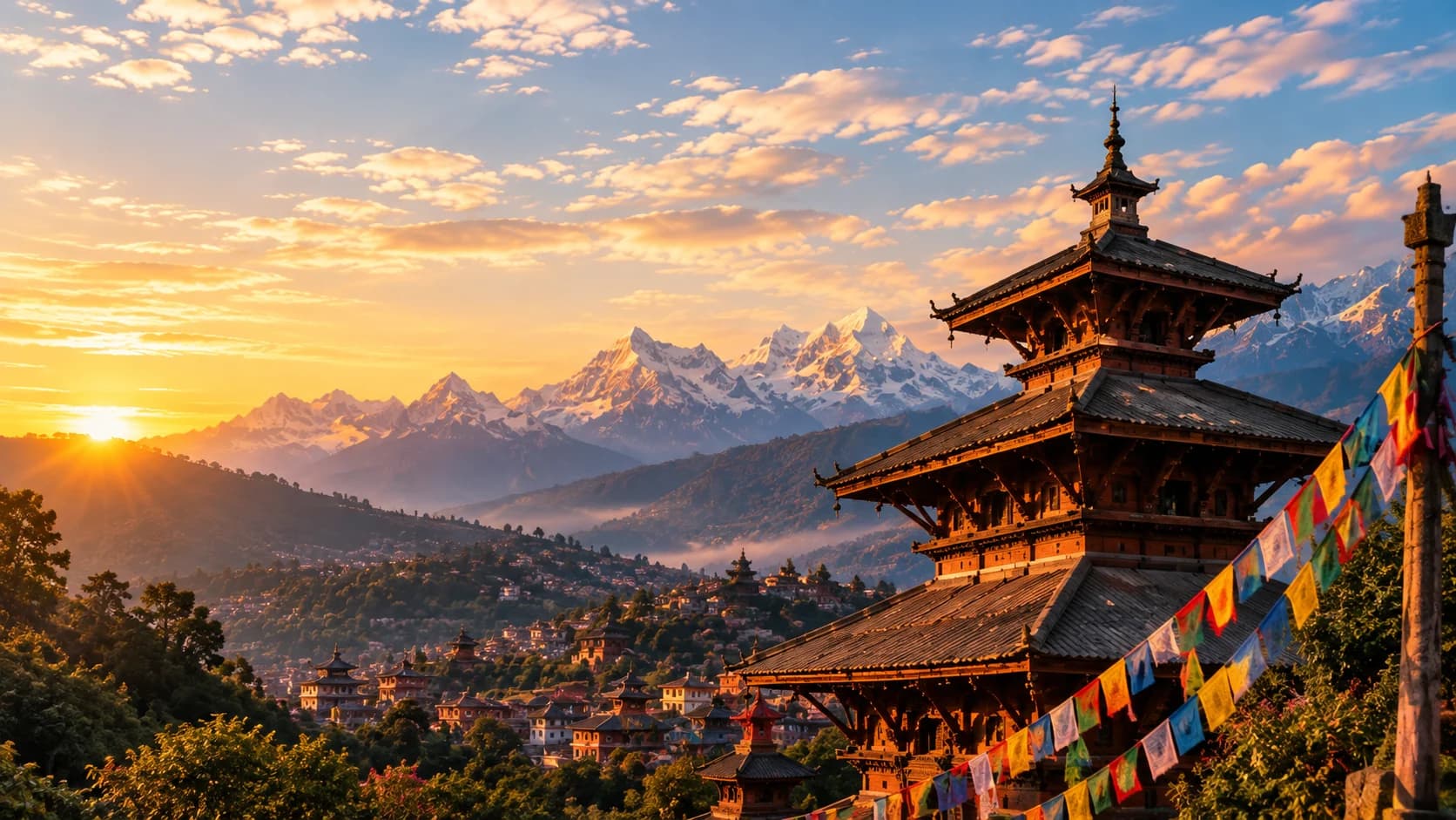 Nepali temple at sunset with Himalayan peaks and prayer flags