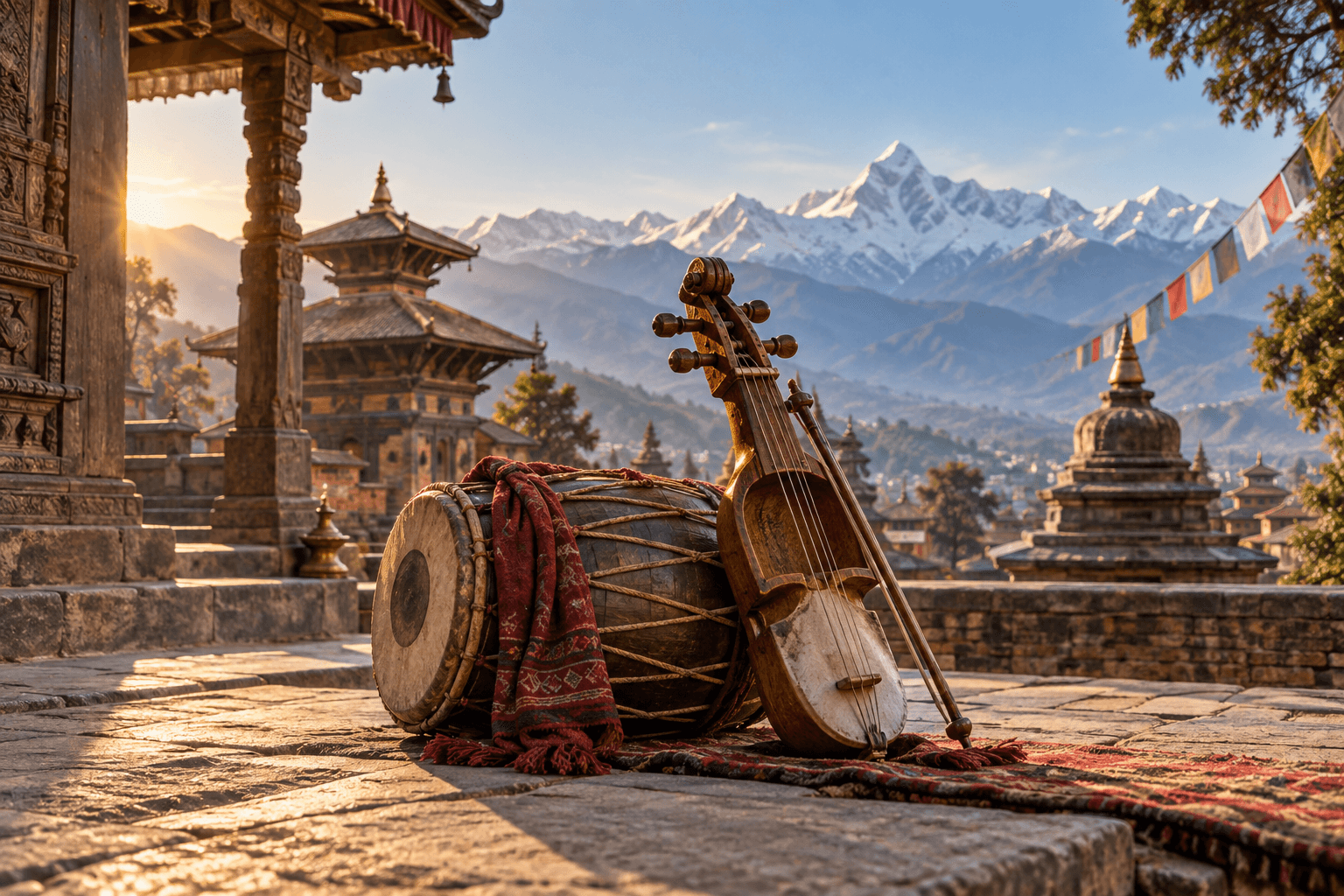 Traditional Nepali instruments in a Himalayan temple courtyard